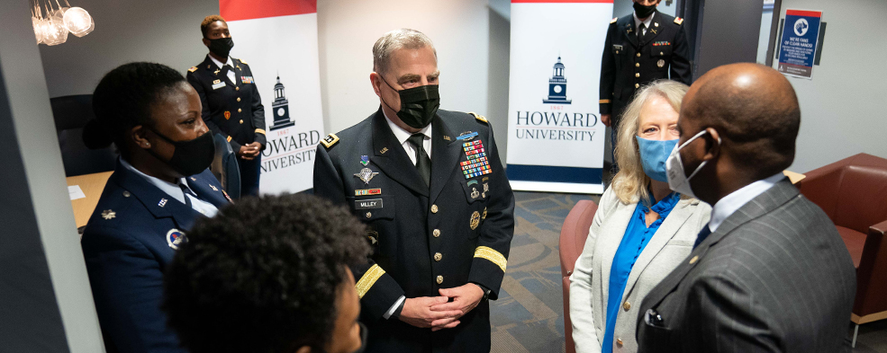 Army Gen. Mark A. Milley, chairman of the Joint Chiefs of Staff, attends and speaks at Howard University ROTC Joint Commissioning ceremony in Washington D.C., May 5, 2021. (DOD Photo by Navy Petty Officer 1st Class Carlos M. Vazquez II)